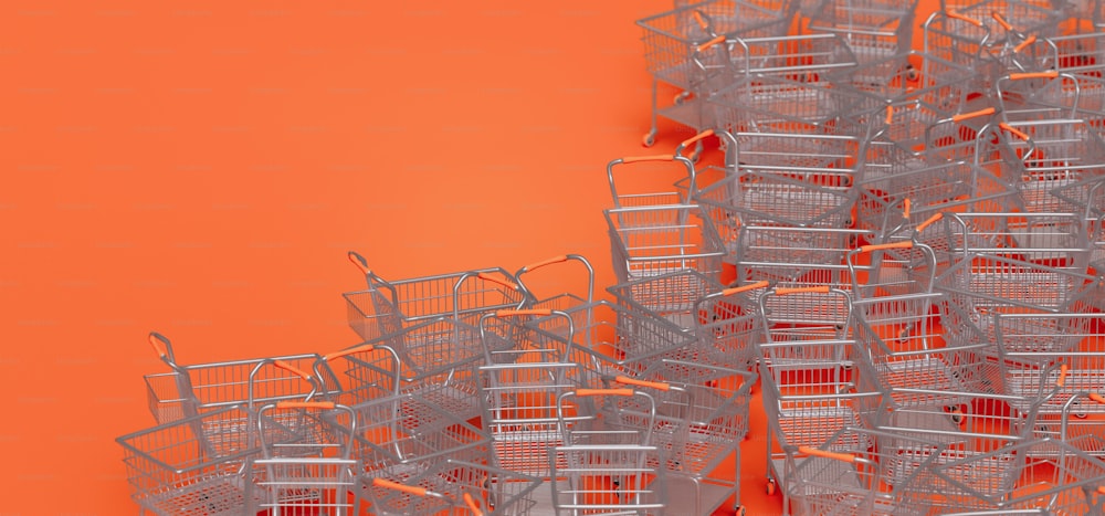a pile of shopping carts on an orange background