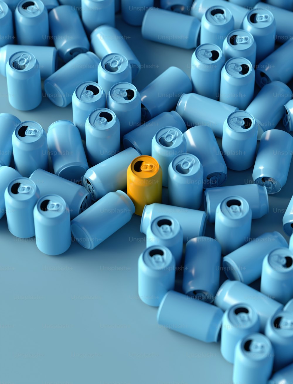 Un oggetto giallo è circondato da molti oggetti blu