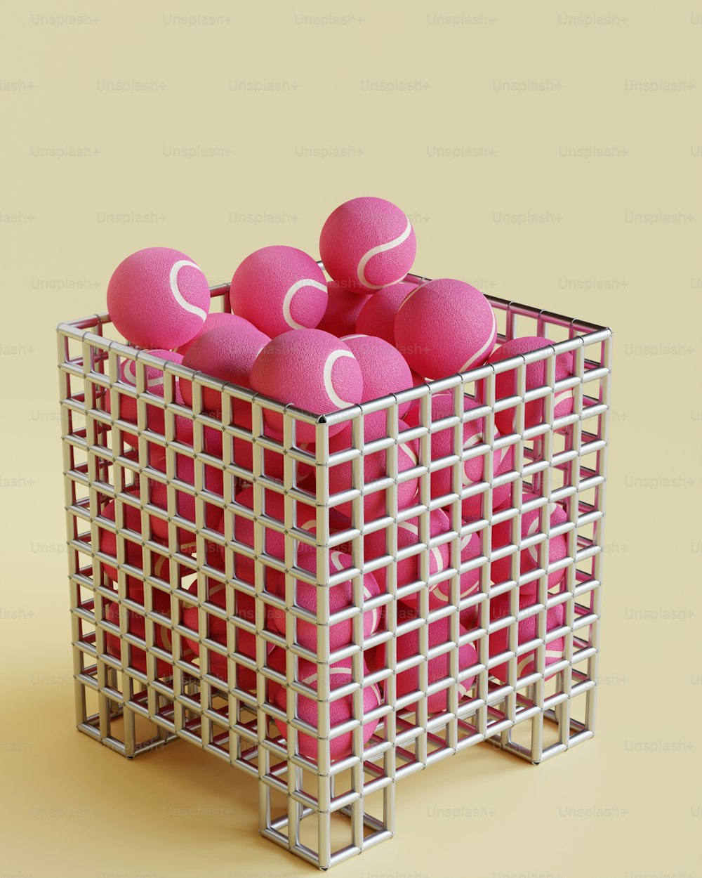 un cestino pieno di palline rosa in cima a un tavolo