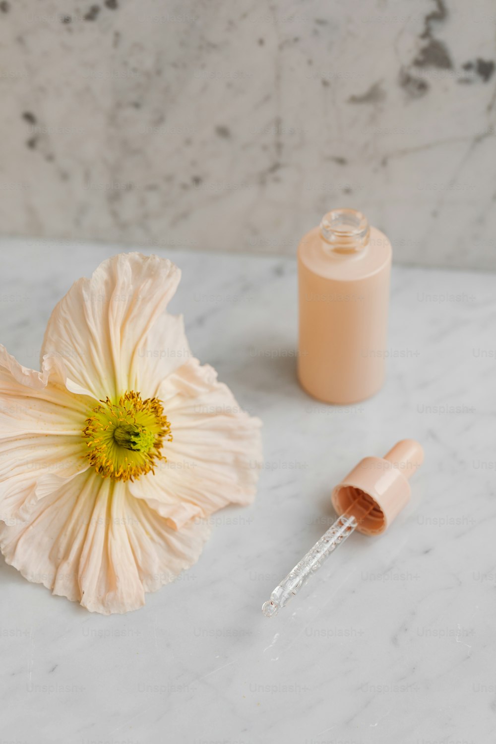 a white flower sitting next to a bottle of lotion