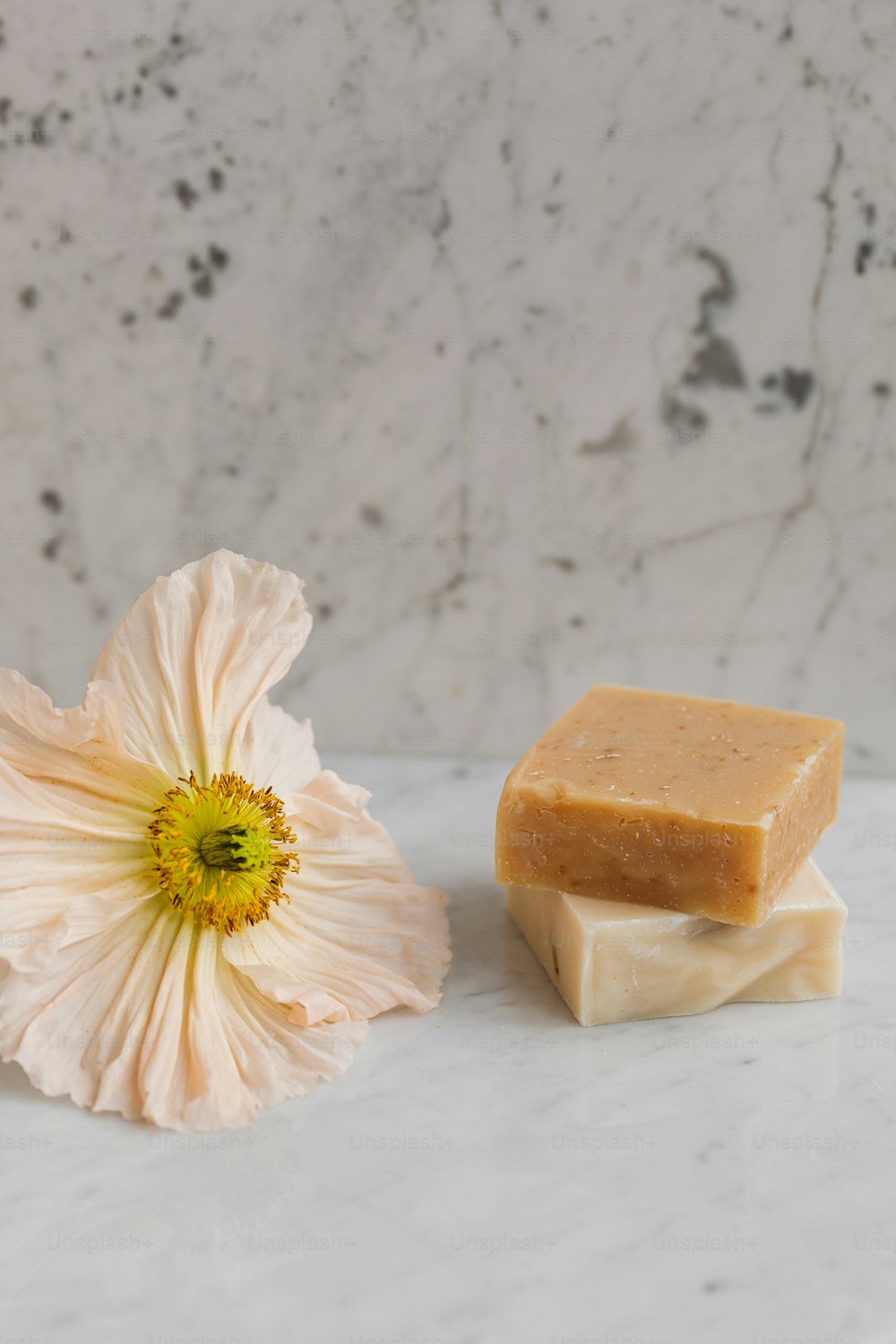 a soap bar next to a flower on a marble surface