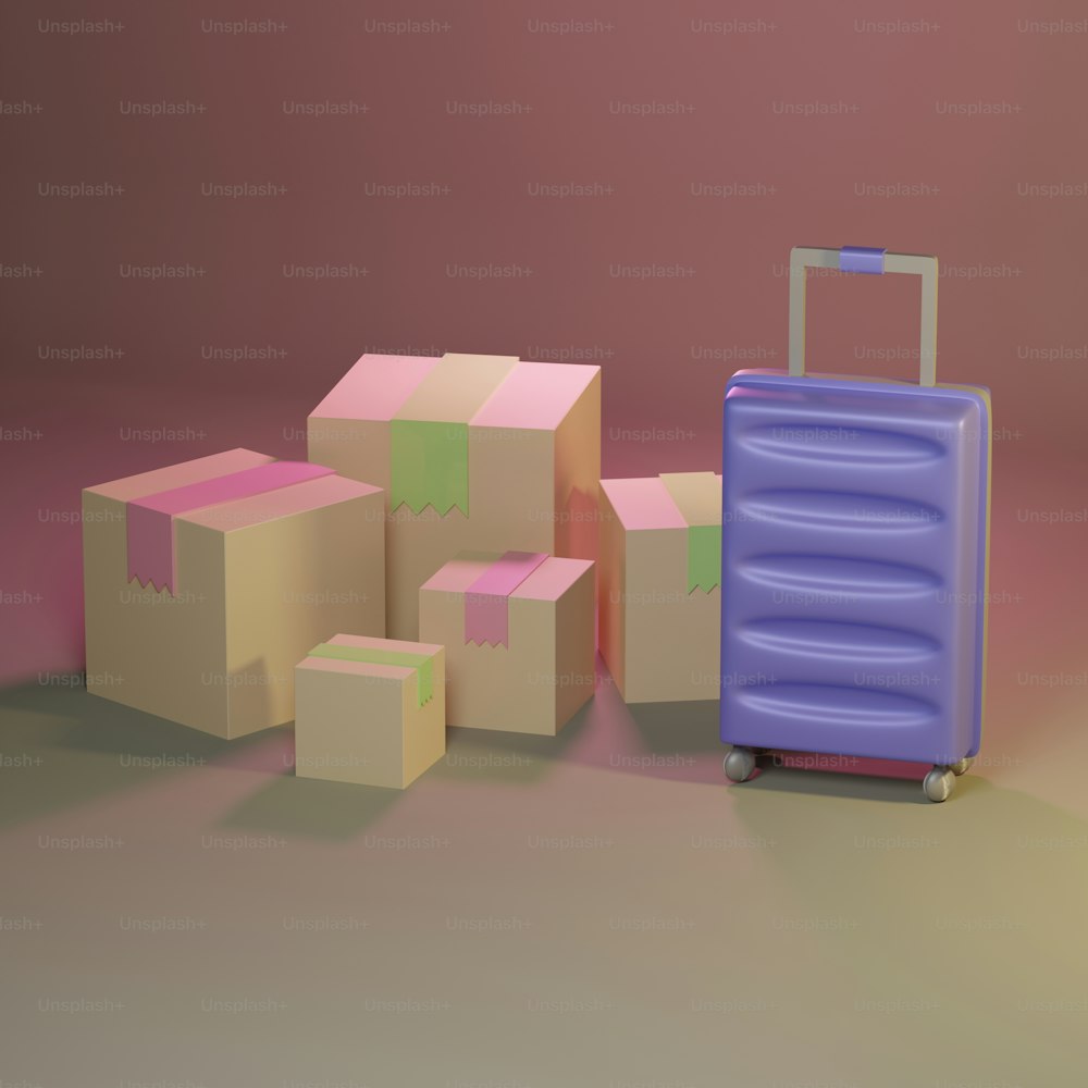 Una pieza de equipaje púrpura sentada junto a cajas