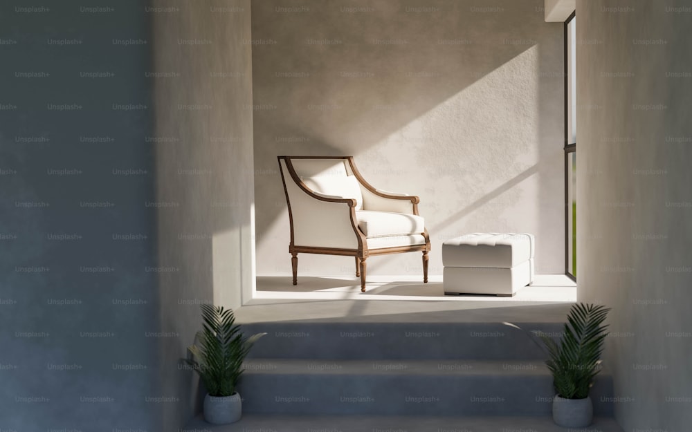 a chair sitting on top of a set of stairs