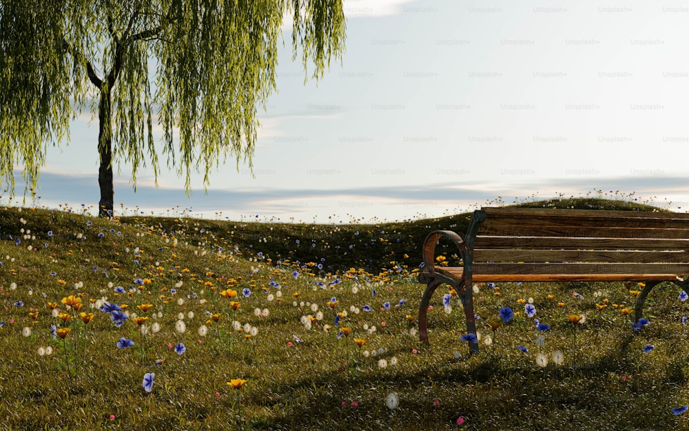 um banco de parque sentado em cima de um campo verde exuberante