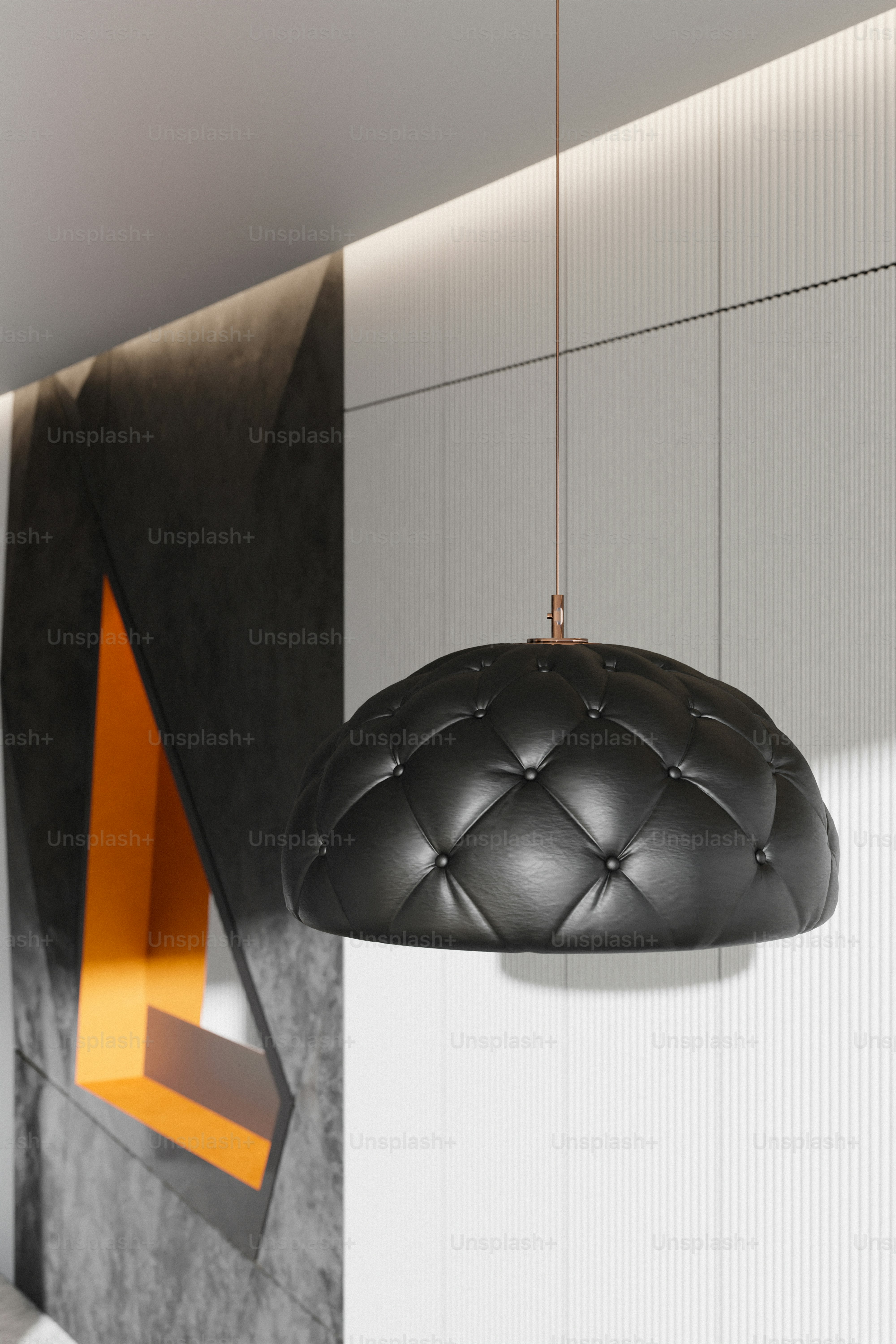 A black lamp hanging from a ceiling in a room photo Ceiling light