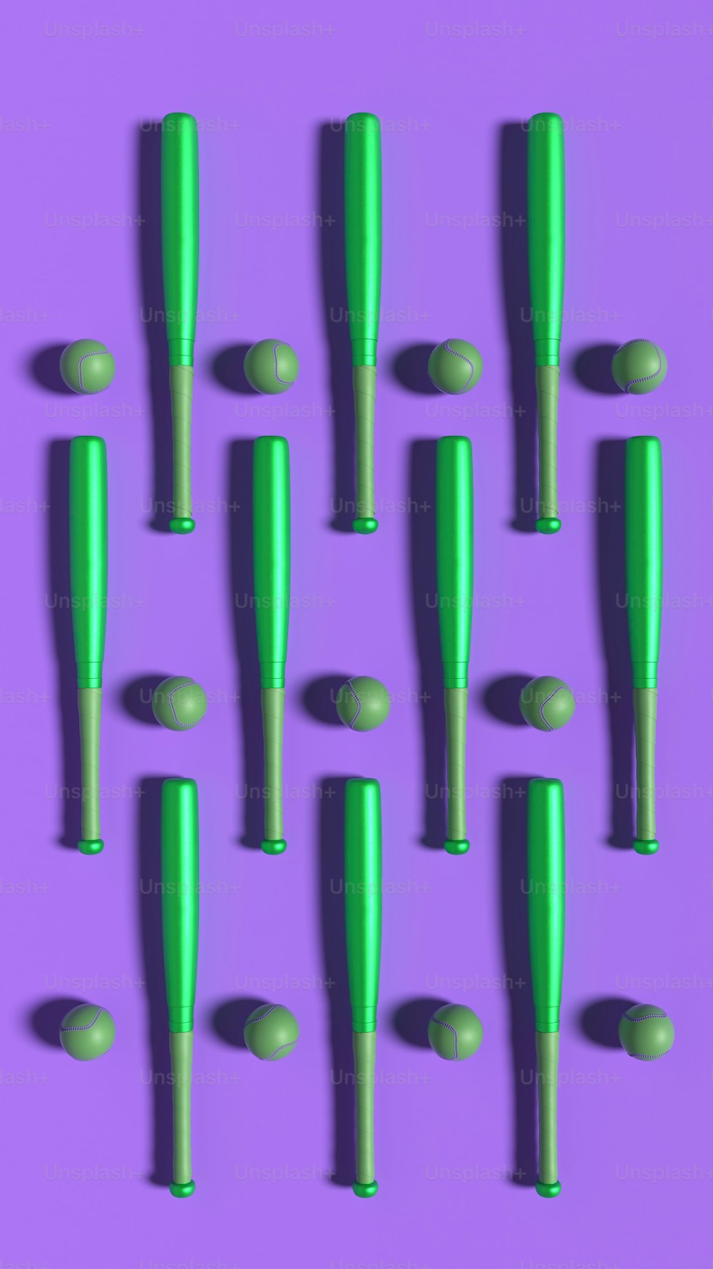 Eine Gruppe grüner Plastikobjekte auf violettem Hintergrund