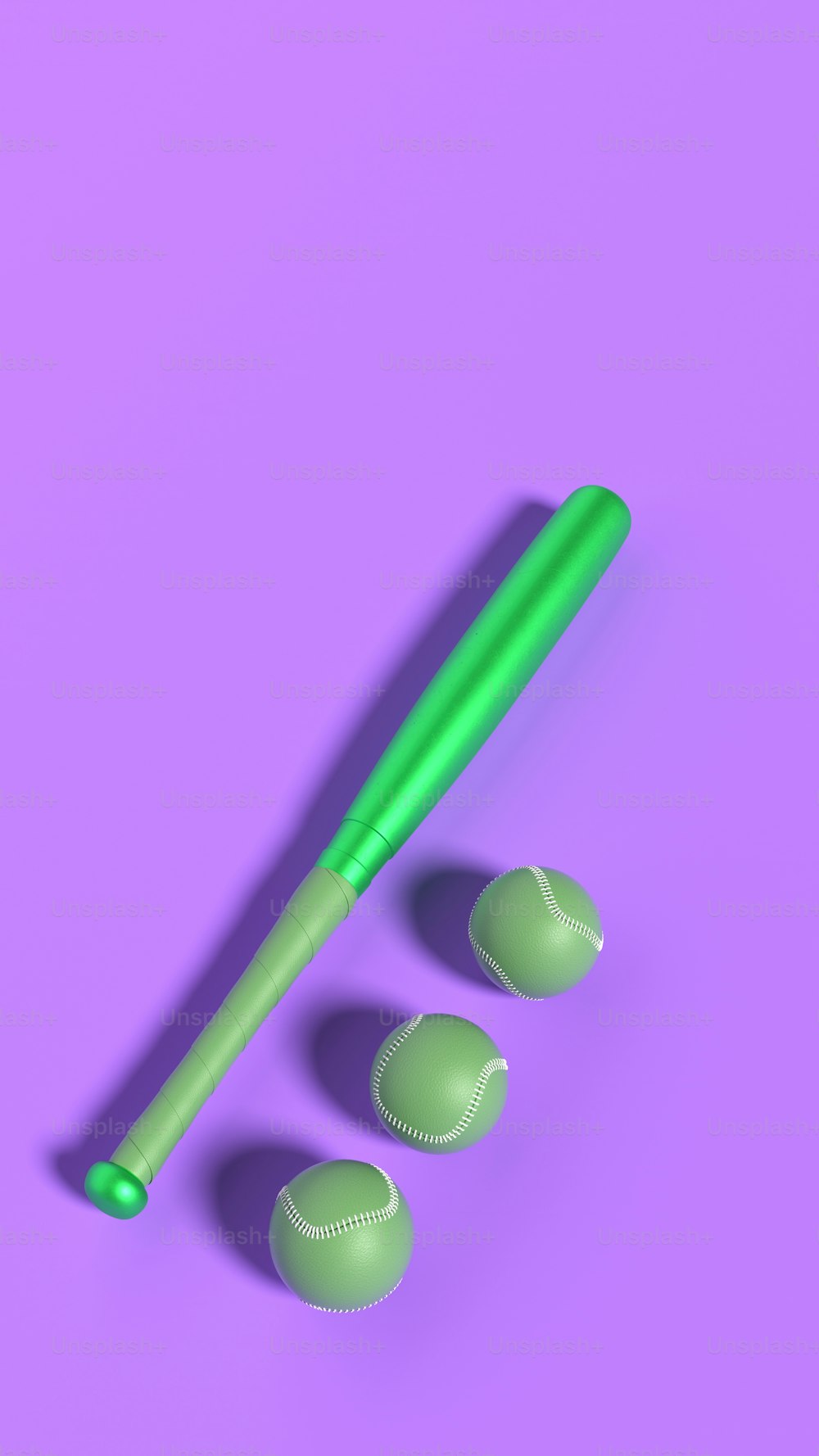 a green plastic baseball bat next to three green plastic caps