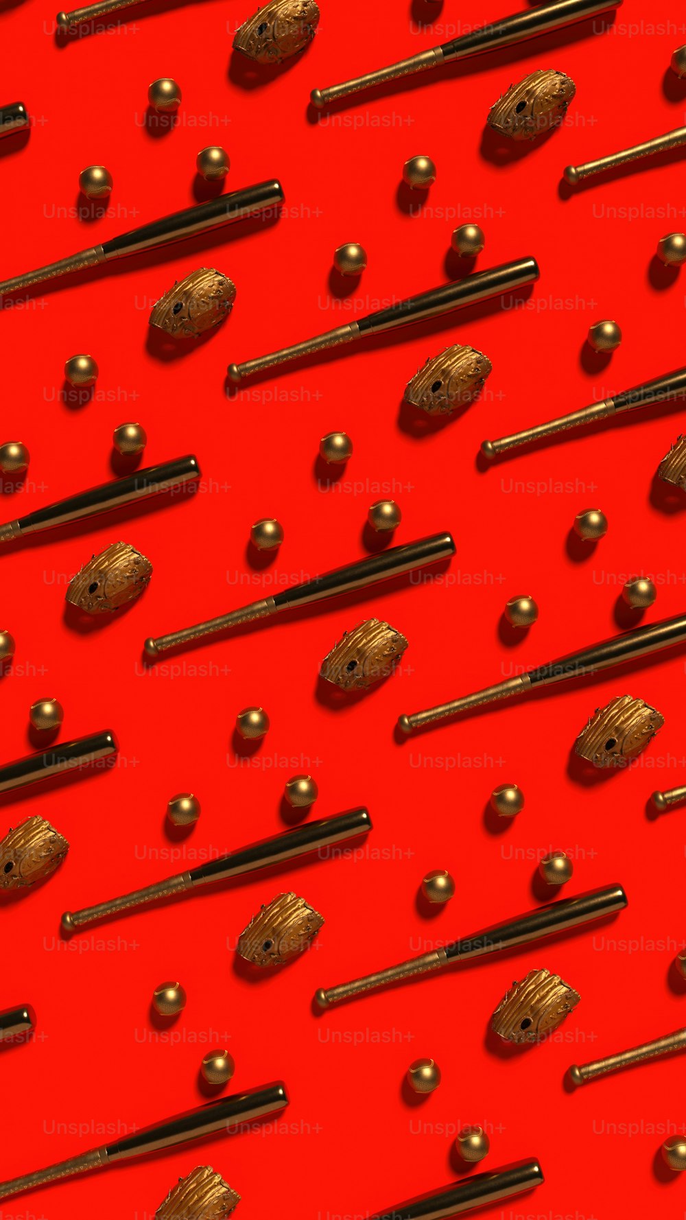 a red background with a bunch of gold objects