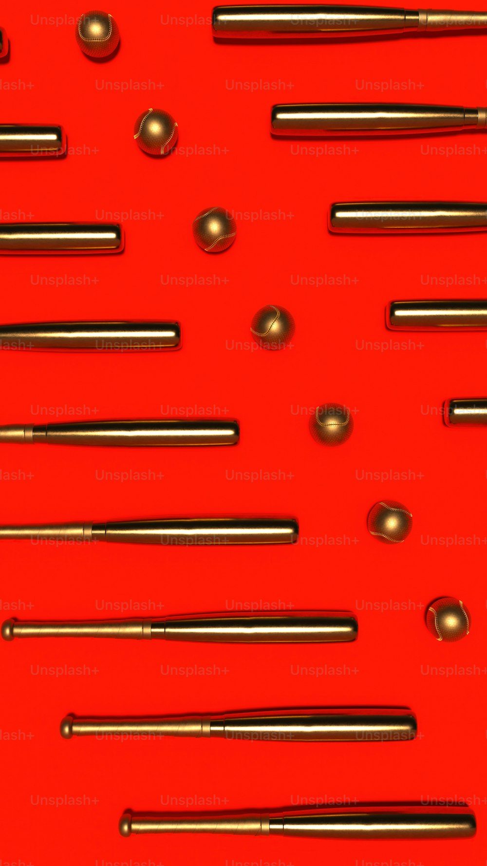 빨간색 표면에 있는 다양한 유형의 펜 그룹