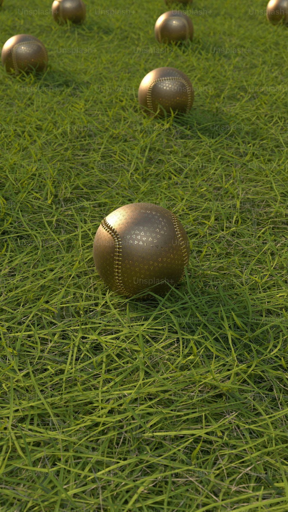 Un montón de bolas de oro sentadas en la parte superior de un exuberante campo verde