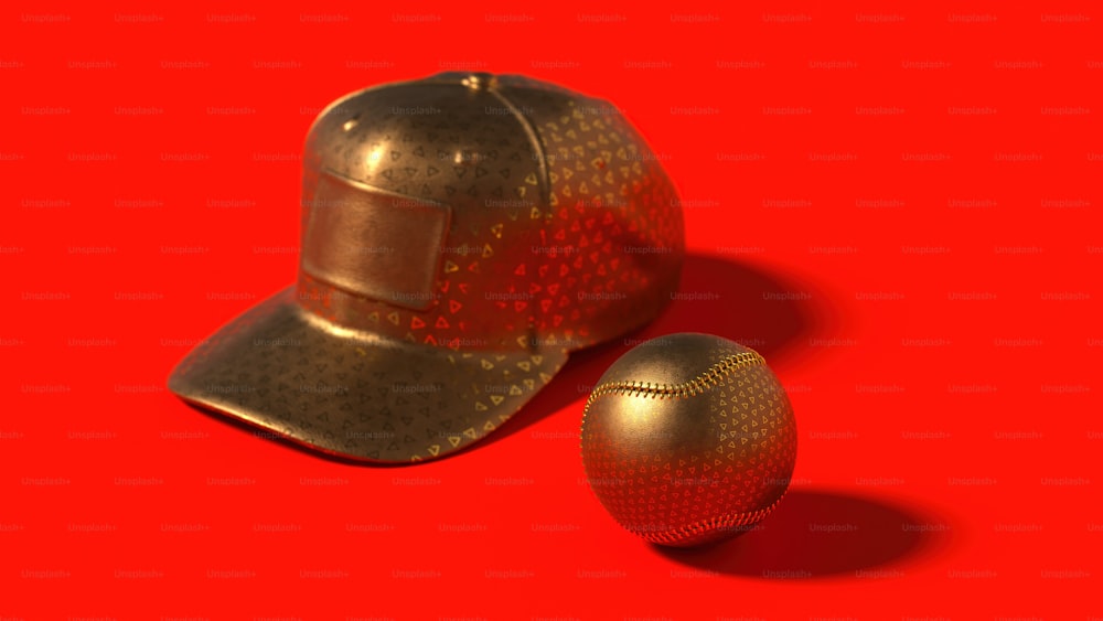 a gold baseball cap and a gold ball on a red background