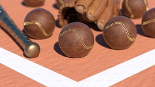 um close up de um taco de beisebol, luva e bolas