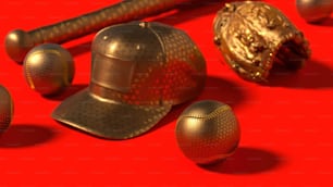 um taco de beisebol, capacete e bola em um fundo vermelho