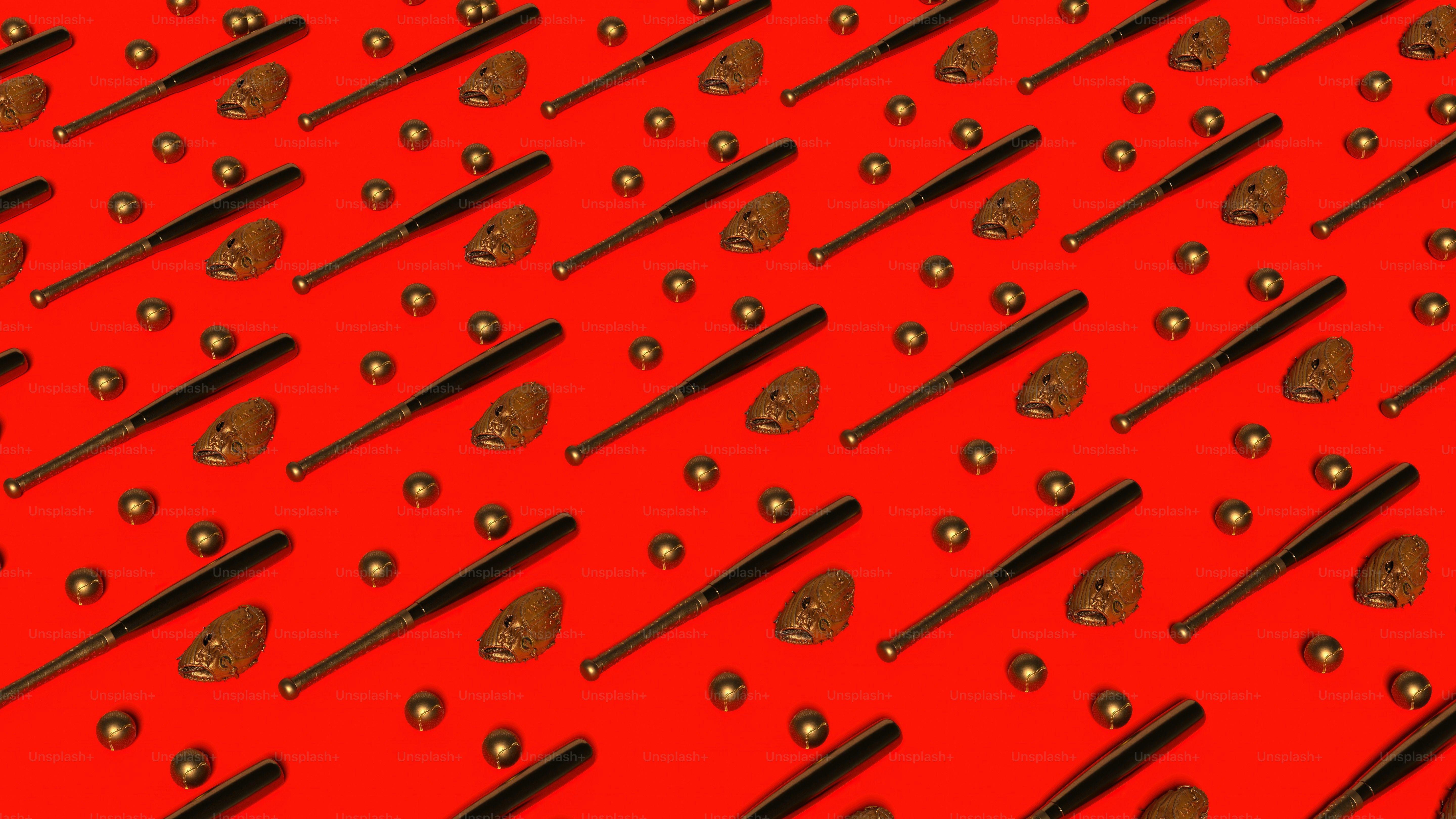 a red background with lots of black and gold objects