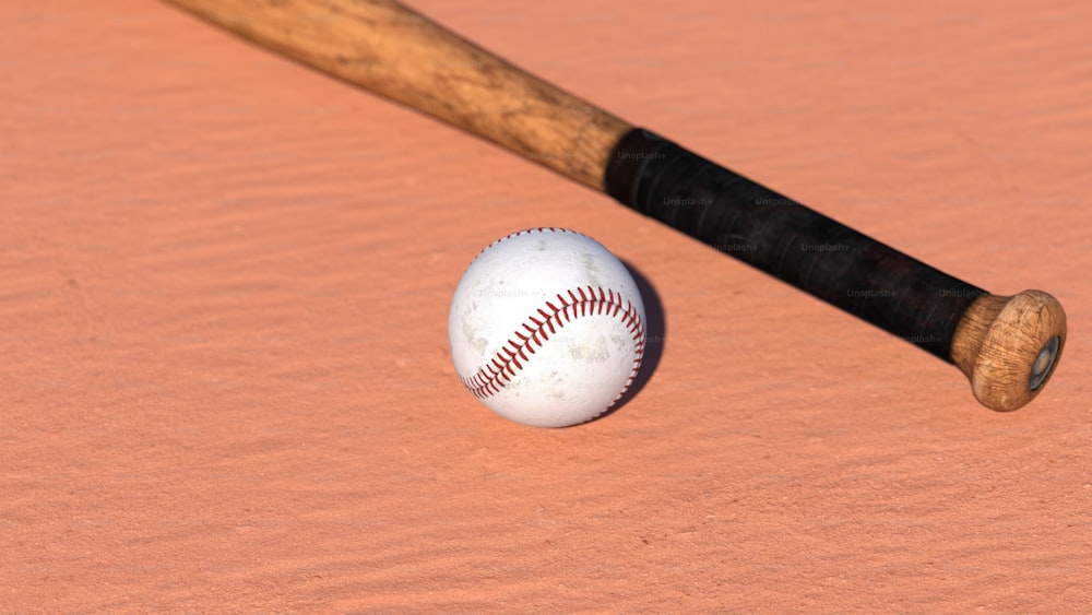 um taco de beisebol e uma bola de beisebol em uma superfície rosa