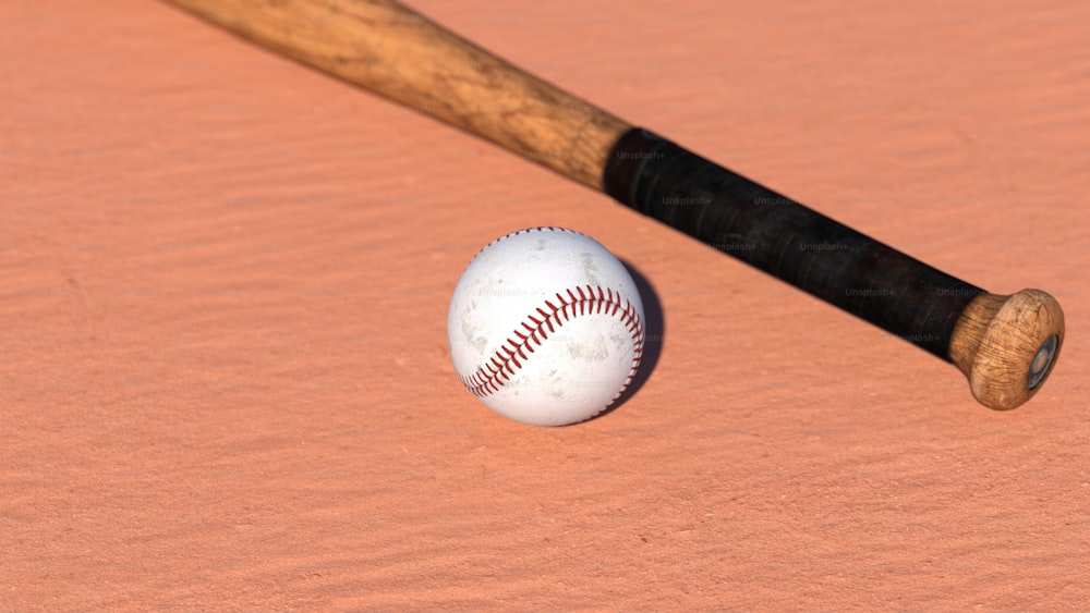 a baseball bat and a baseball on a pink surface