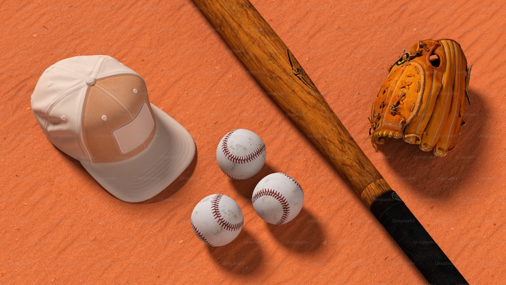 ein Baseballschläger, ein Baseballhandschuh und drei Basebälle