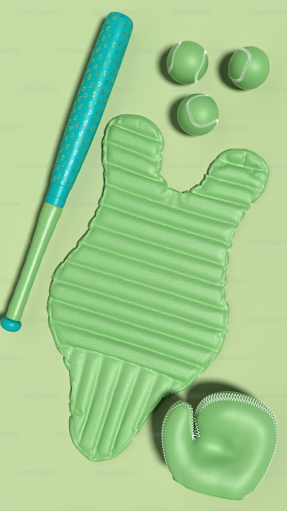 un objeto verde con un bate de béisbol y otros artículos