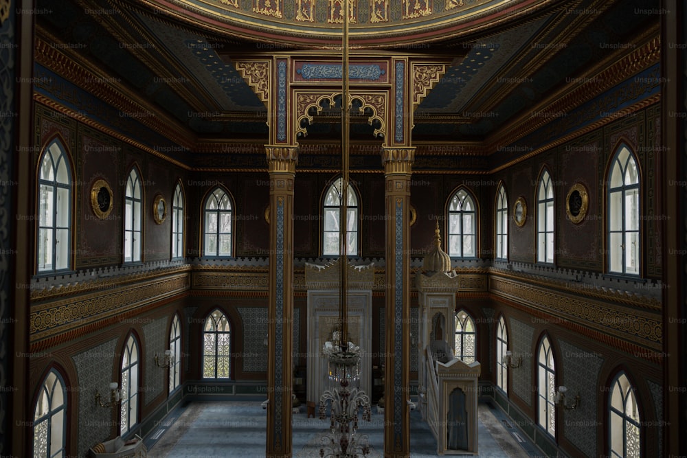 a large room with a clock on the wall