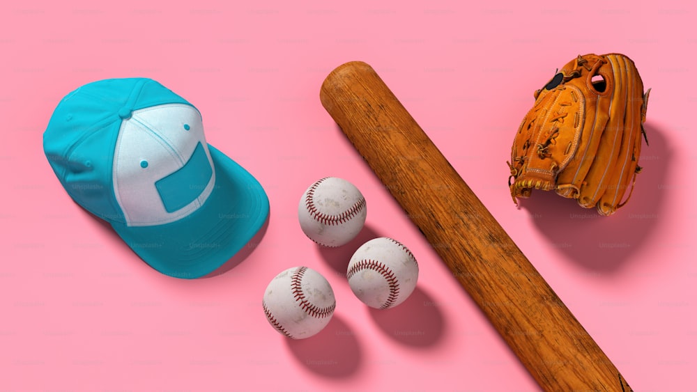 a baseball bat, ball, and glove on a pink background