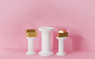 three white pedestals on a pink background