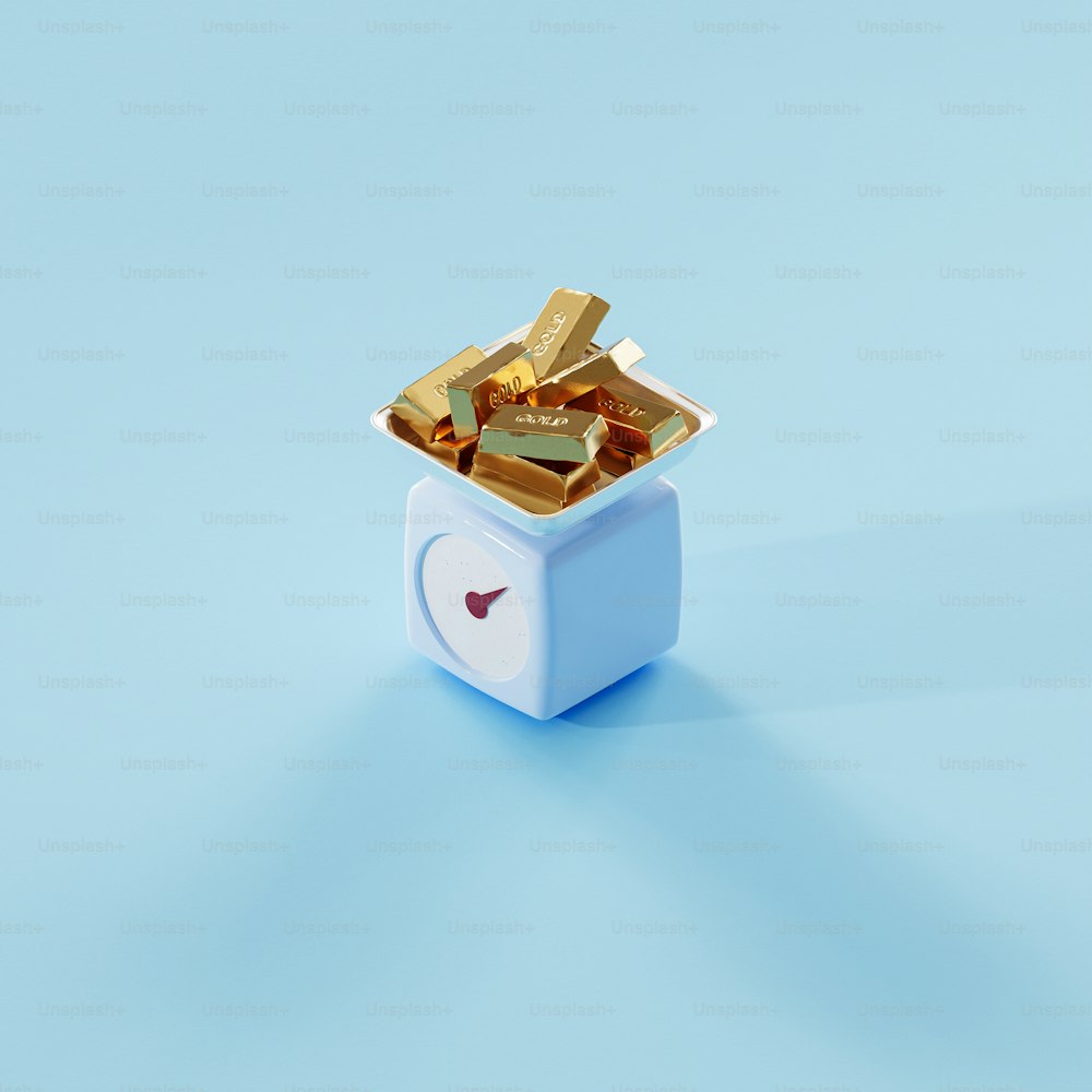 a small blue box with some gold in it