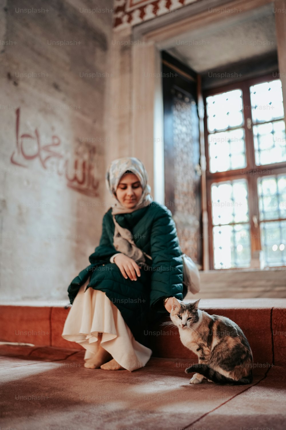 a woman sitting on the ground next to a cat