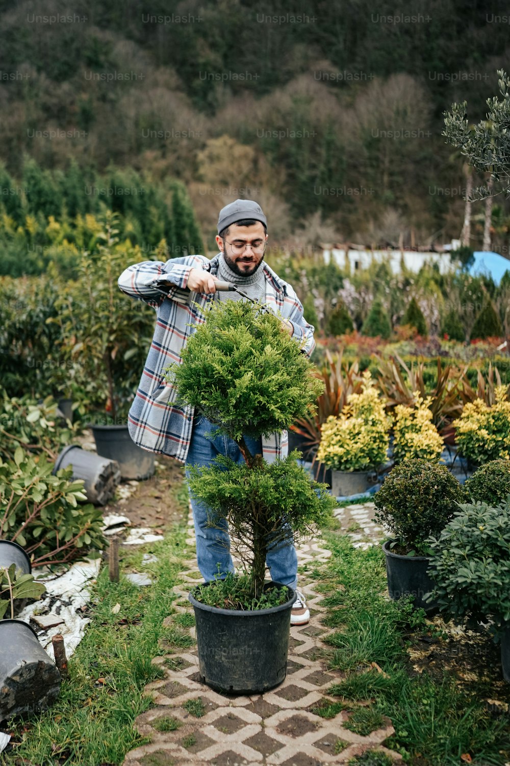 um homem segurando uma planta em vaso em um jardim