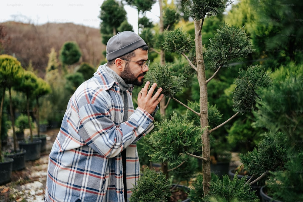 a man in a plaid shirt is looking at a tree