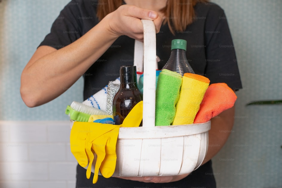 Cleaning supplies in basket Stock Photo by ©billiondigital 167643870