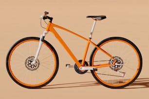 Un vélo orange avec des rayons noirs sur fond beige