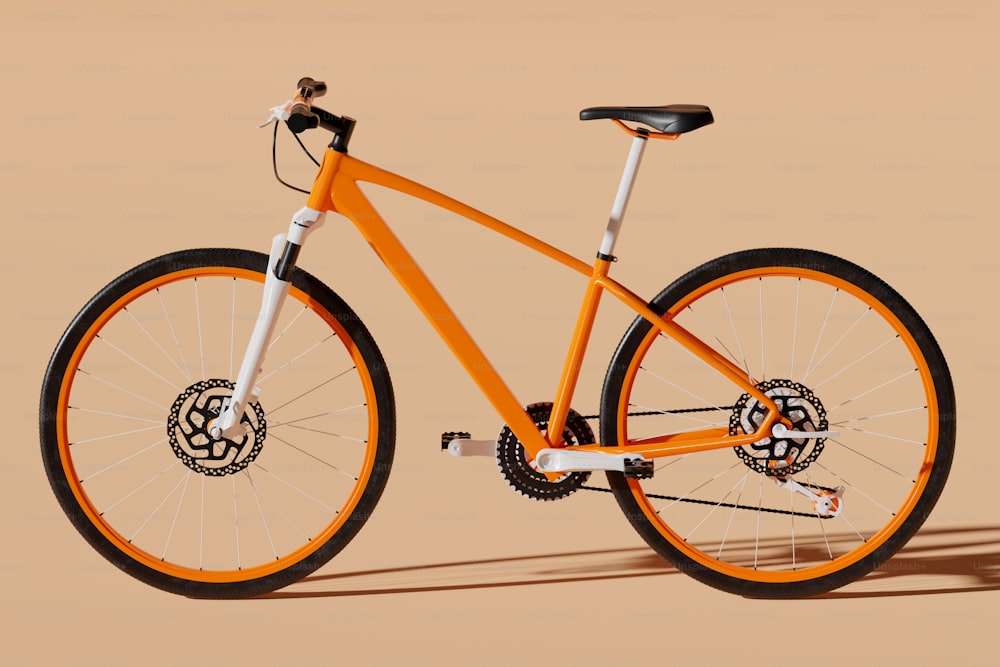 Un vélo orange avec des rayons noirs sur fond beige