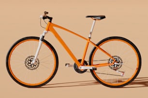 an orange bike with black spokes on a tan background