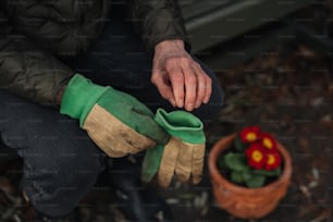 a person wearing gloves and holding a potted plant