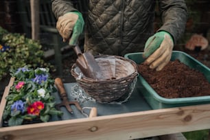 a person in gardening gloves scooping dirt into a basket