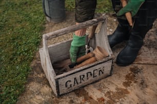 Una persona con guantes de jardinería en una caja
