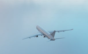 Un grande jet passeggeri che vola attraverso un cielo blu