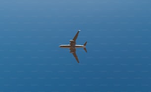 an airplane is flying in the blue sky