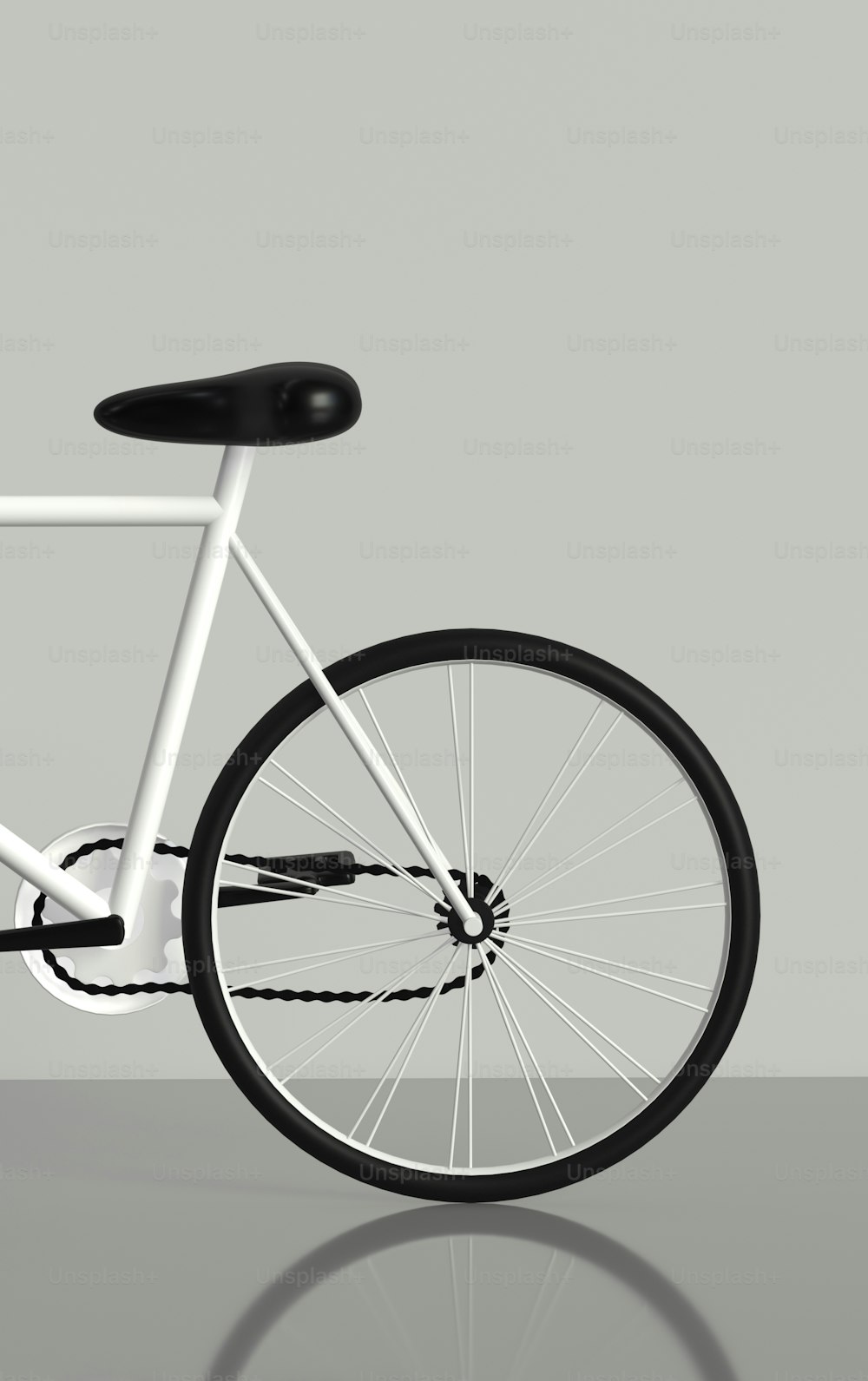 Un vélo blanc avec des rayons noirs sur fond gris