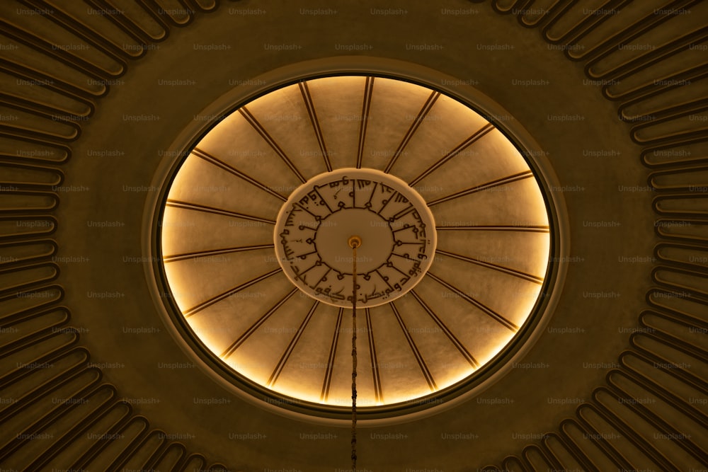 a circular ceiling with a clock on it