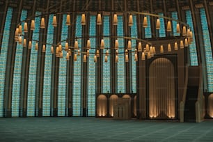 a large chandelier in a large room with a lot of windows