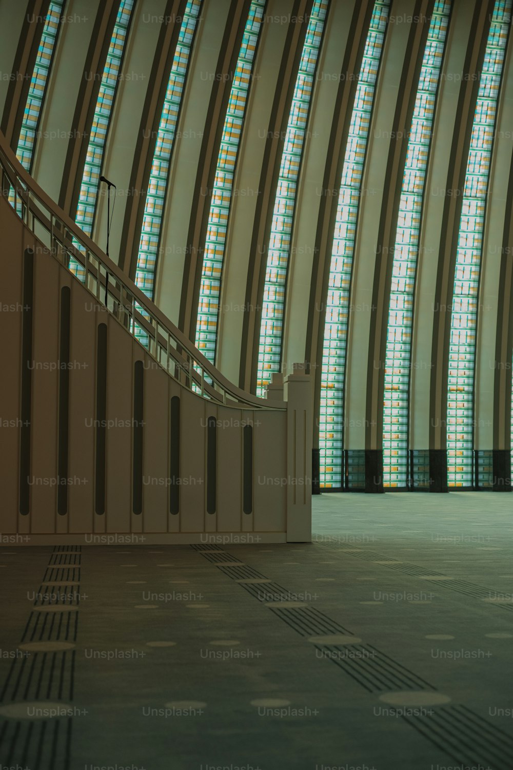 a large building with a very long stair case