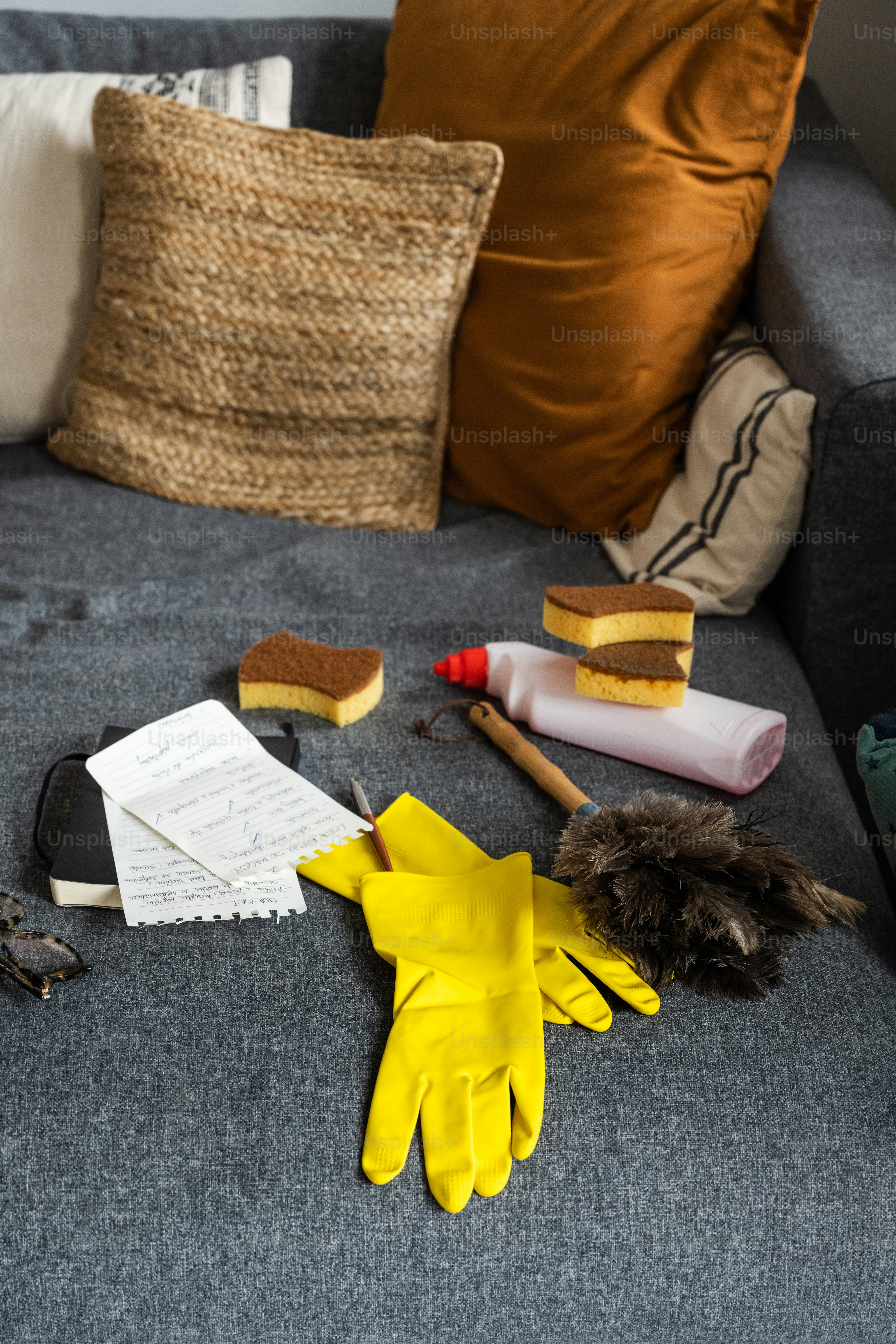 a couch that has a bunch of items on it