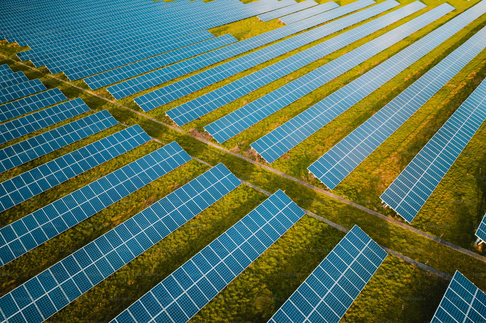 Aerial view of a vast solar farm