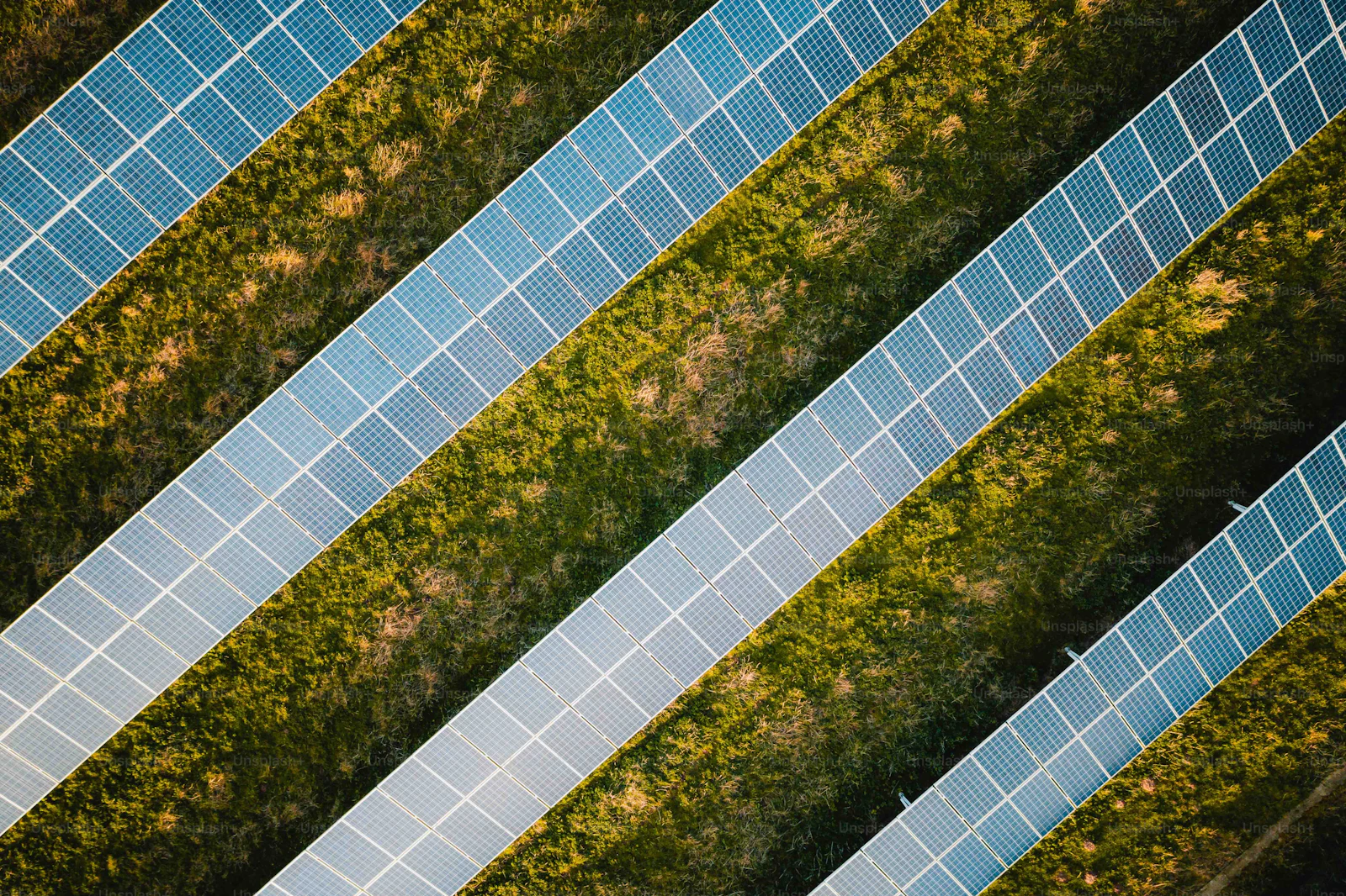 Aerial view of grid-connected solar arrays