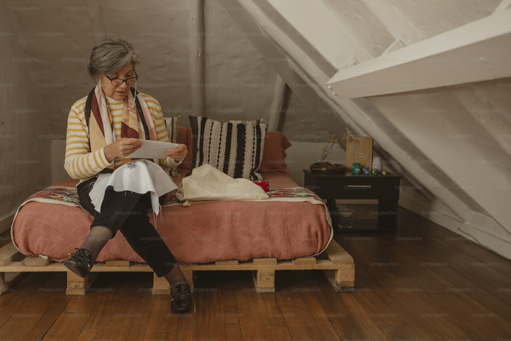 a woman sitting on a bed reading a book