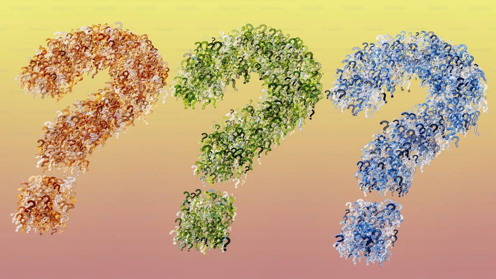 Eine Gruppe von drei verschiedenfarbigen Blumen in Form eines Fragezeichens