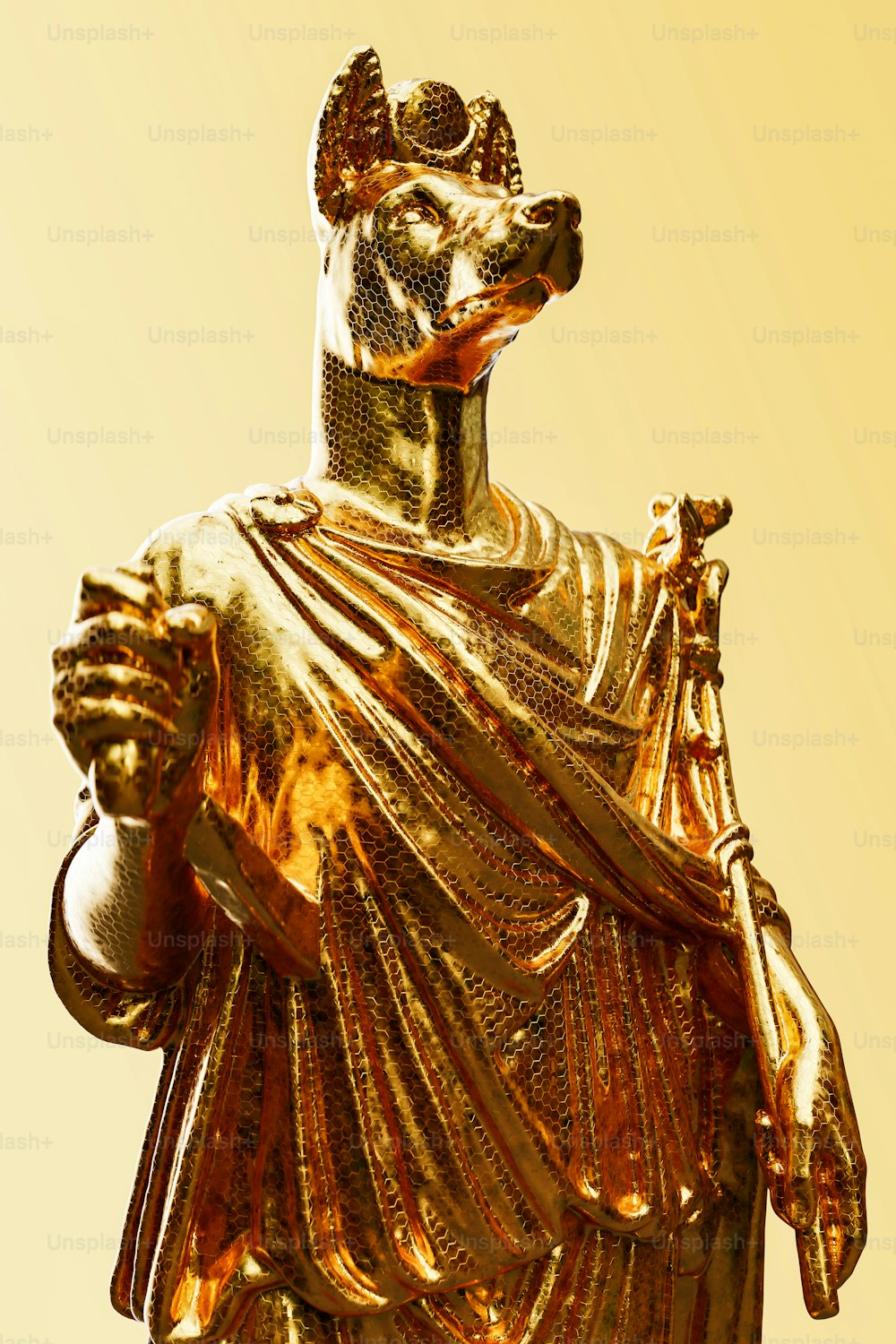 Una estatua dorada de un hombre con una corona en la cabeza