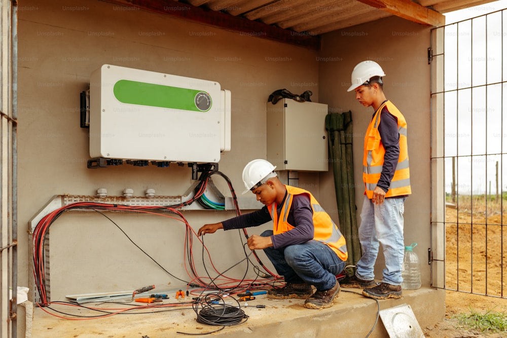 two men in hard hats and safety vests working on an electrical panel