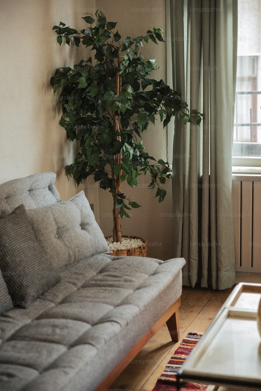 uma sala de estar com um sofá e uma árvore